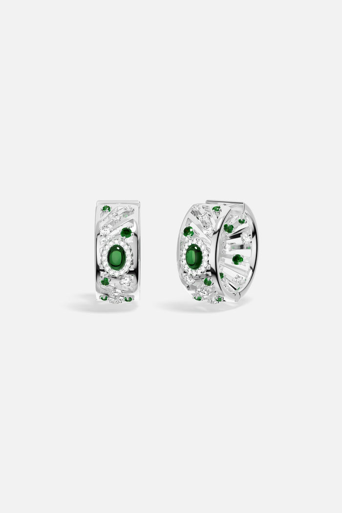 APM Hoop Earrings, radiant green stones set in luminous rhodium finish elegance.