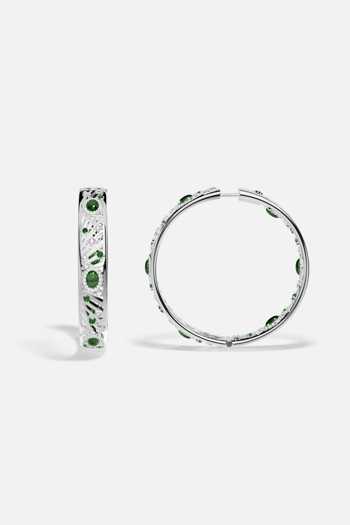 APM Hoop Earrings, radiant green accents and rhodium finish, effortlessly bold elegance.