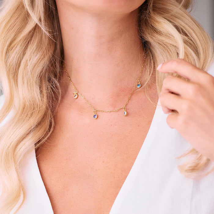 gold necklace with heart birthstones