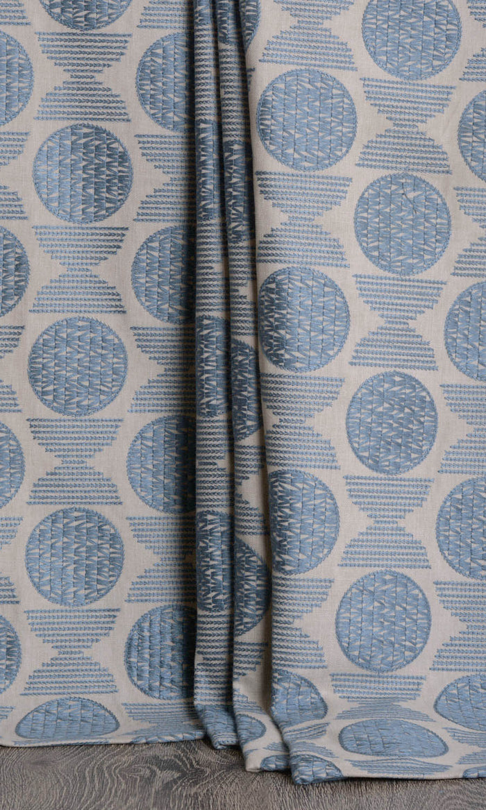Embroidered Cotton Window Treatments Fabric By the Metre (Beige/ Steel Blue)