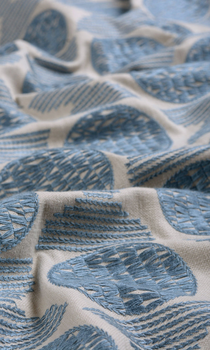 Embroidered Cotton Fabric By the Metre for Curtains & Drapes (Beige/ Steel Blue)