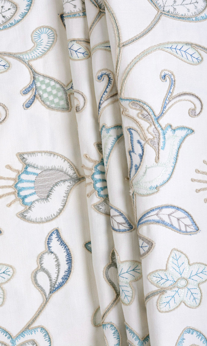Floral Embroidery Home Textile Fabric Material By the Metre (Blue/ White)