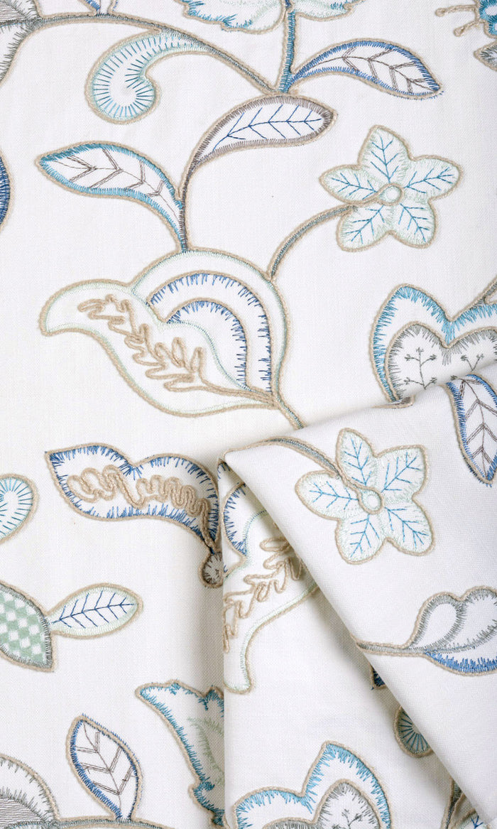 Floral Embroidery Fabric Material By the Metre (Blue/ White)