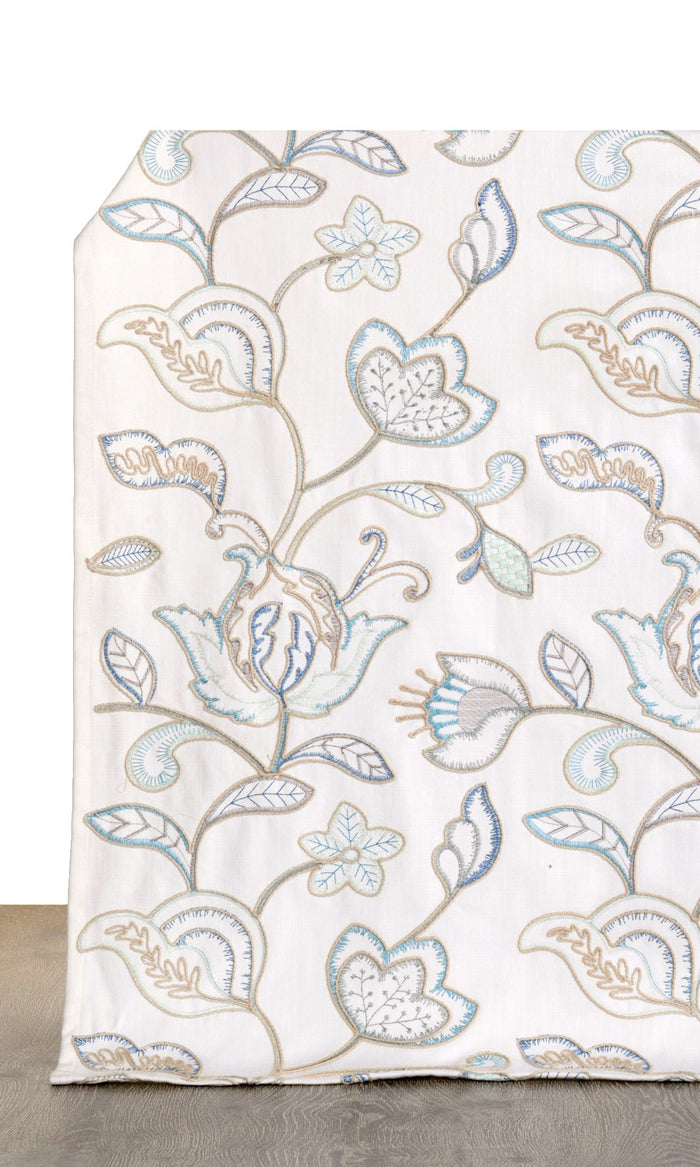 Floral Embroidery Fabric By the Metre for Curtains & Drapes (Blue/ White)