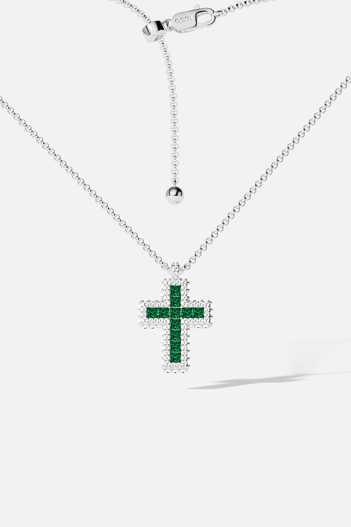 APM Cross Necklace, a luminous green statement with rhodium finish brilliance.