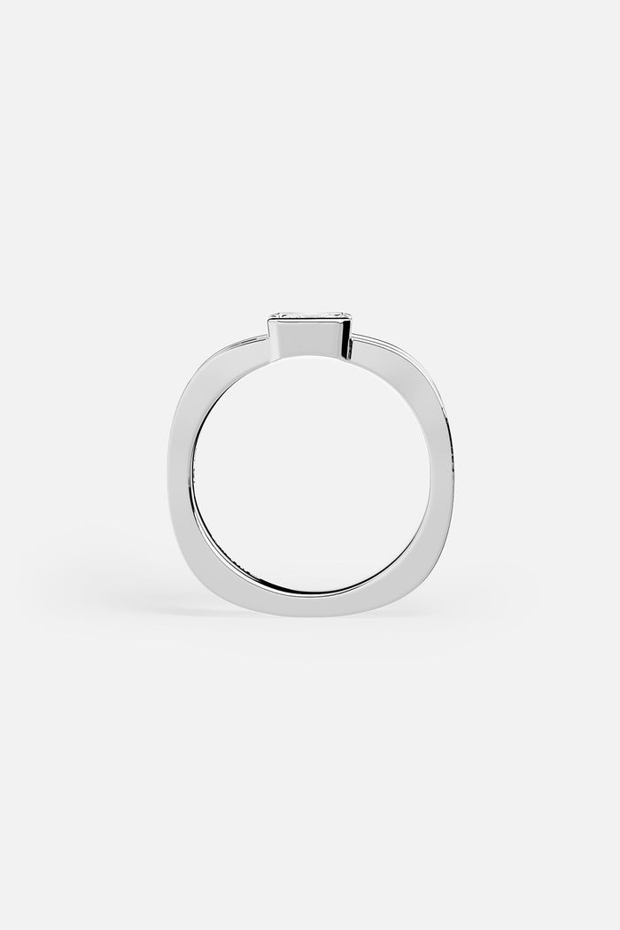 APM Ring in rhodium finish, sleek architectural lines with a quiet modern edge.