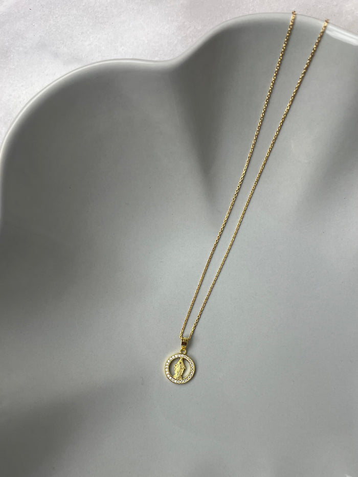 Mother Mary in Crystal Circle Necklace