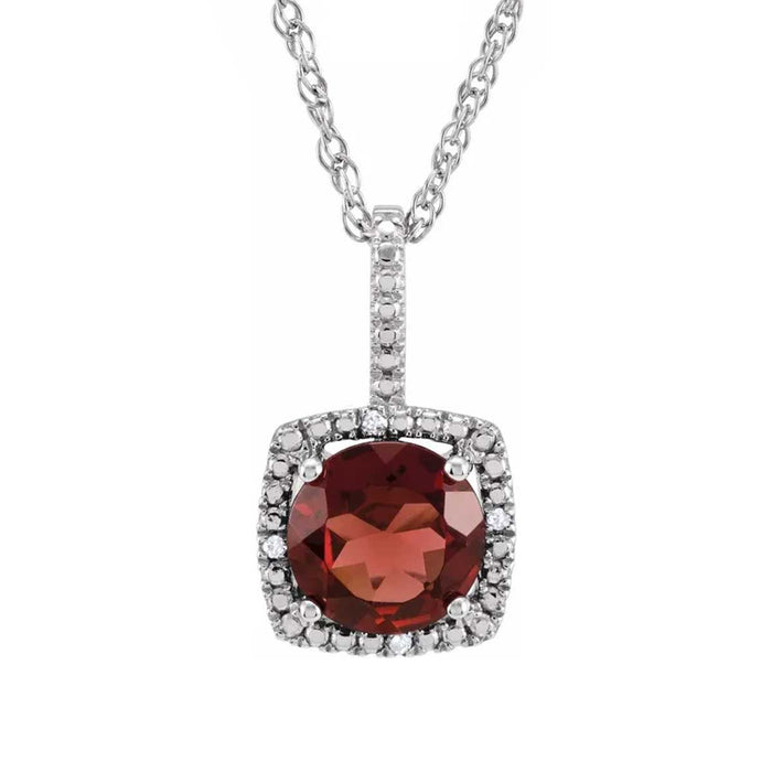 Natural Mozambique Garnet and Diamond Cushion Halo Birthstone Pendant Necklace in Sterling Silver