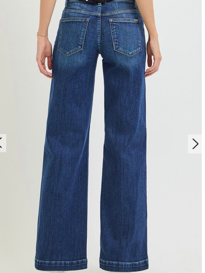 Risen Mid Rise Tummy Control Wide Leg Jeans-Dark Wash