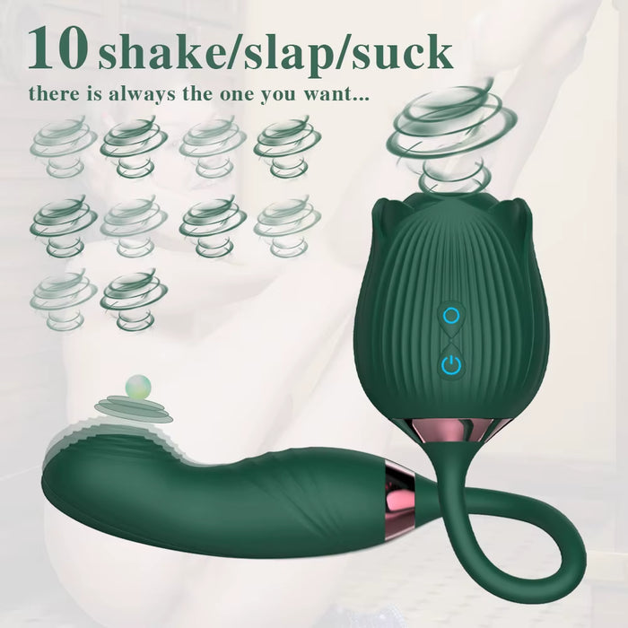 Rose with Dildo and Tongue Vaginal Sex Toys Teasing Suction Clitoral Stimulator Rose Clit Sucker Vibrator Toy