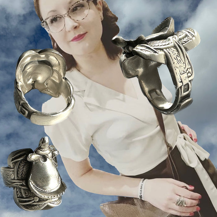 Hi, Ho, it's SILVER! A STERLING silver SADDLE Ring, that is! And adjustable and unisex. What is not to like? Want to be flirty--hold out your hand while wearing this Saddle Ring, wink and ask, "Can I give you a lift somewhere?" Okay, maybe not, but this whimsical Saddle Ring with Vintage oxidized finish really shows the details. Adjustable.