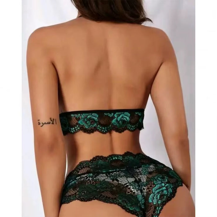 Sexy Two-Piece Set Three-Point Large Chest Underwear with Garter Bras Hollow Out Thin Fabric Packaged Bag