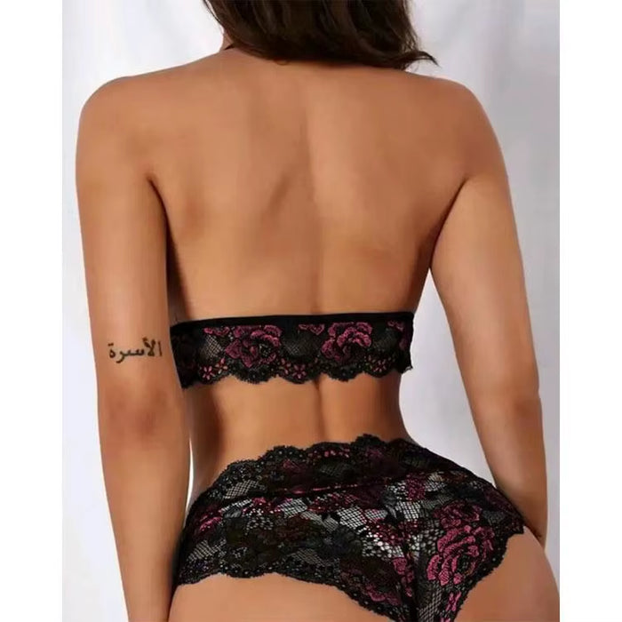 Sexy Two-Piece Set Three-Point Large Chest Underwear with Garter Bras Hollow Out Thin Fabric Packaged Bag