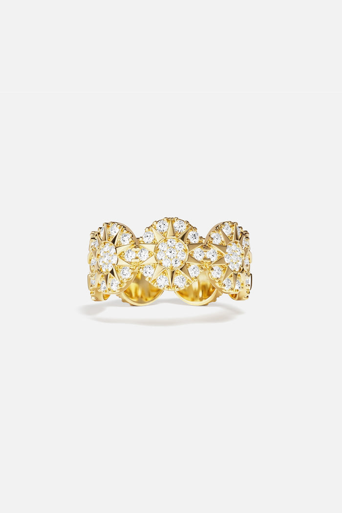 APM Ring in golden color, radiant blooms shimmering with quiet celestial charm.