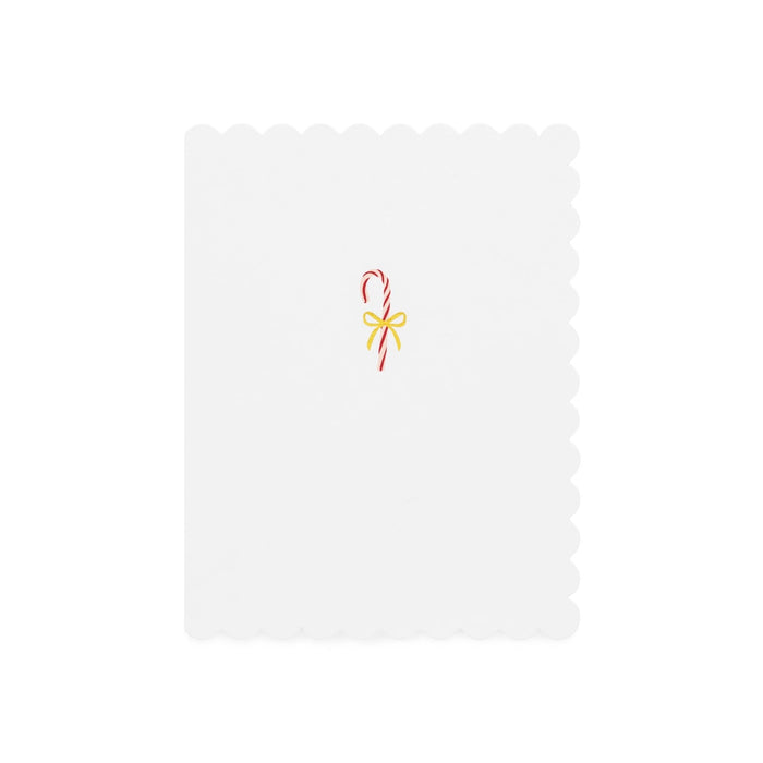 Christmas card with red and white candy cane and yellow bow illustration on white scalloped background