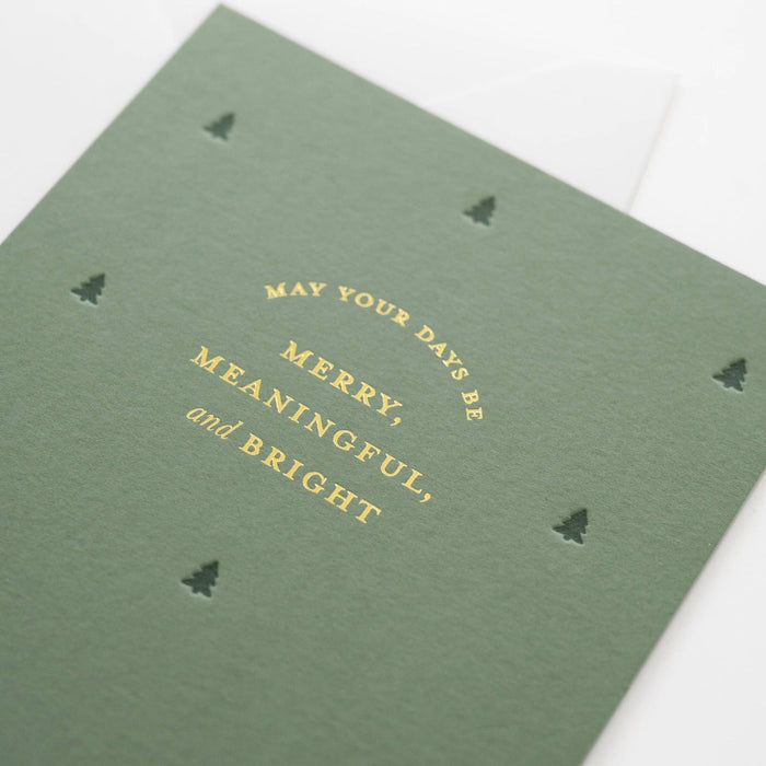 Single Card, sage green greeting card with gold foil text and tree illustrations
