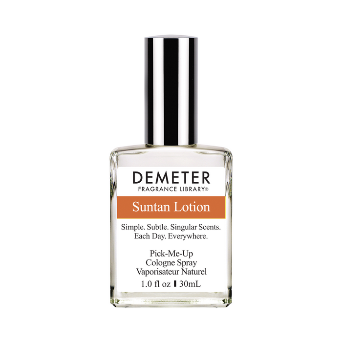 A bottle of Demeter Fragrance Library Suntan Lotion Cologne Spray with a white label and silver cap.