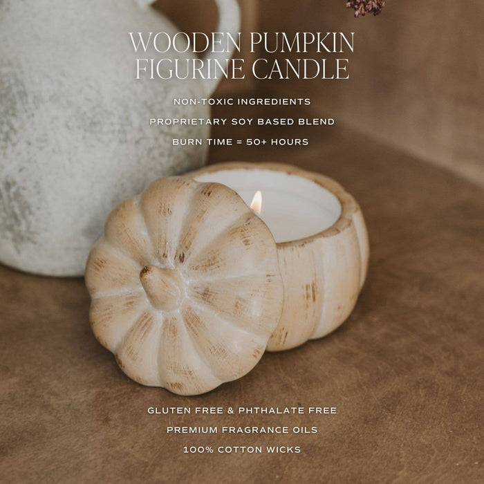 Wooden pumpkin candle with soy wax, 50+ hour burn time, non-toxic ingredients