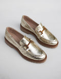 Textured Metallic Leather Loafers - Gold