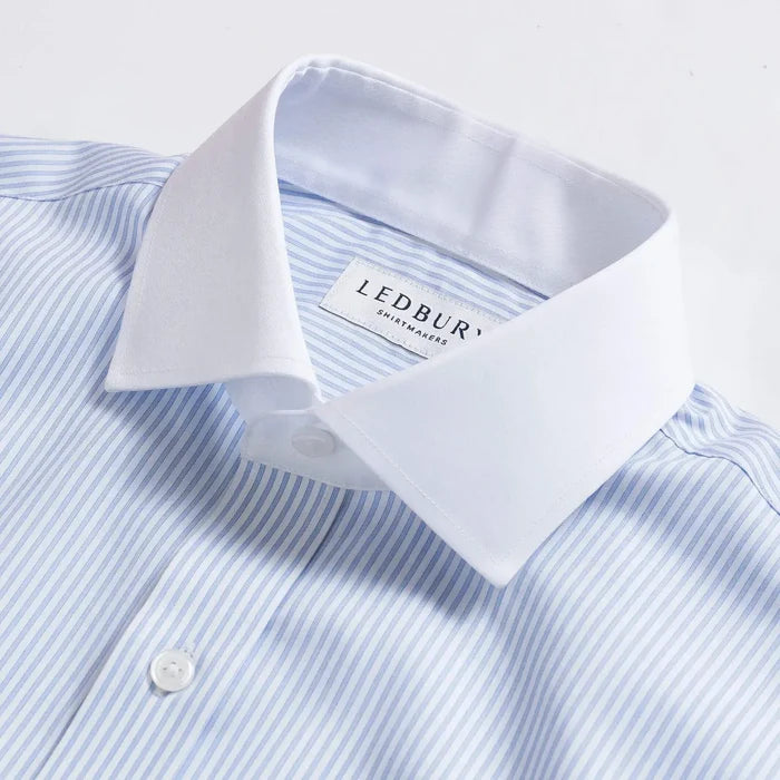 Winchester contrast collar detail - white collar on blue stripe dress shirt