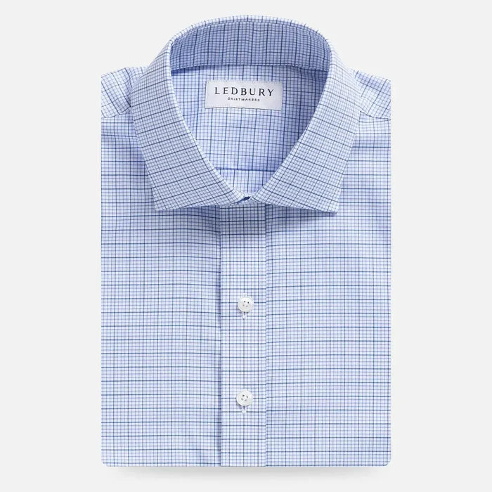 Blue windowpane dress shirt flat lay - Kent micro-twill custom fit
