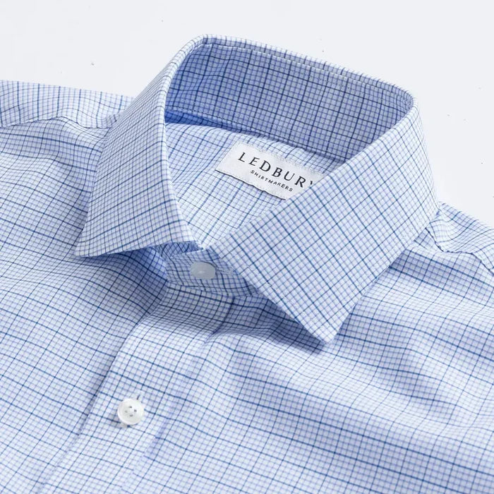 Blue dress shirt collar with windowpane pattern - Kent micro-twill detail