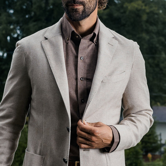 Brown houndstooth shirt layered under sport coat - fall styling