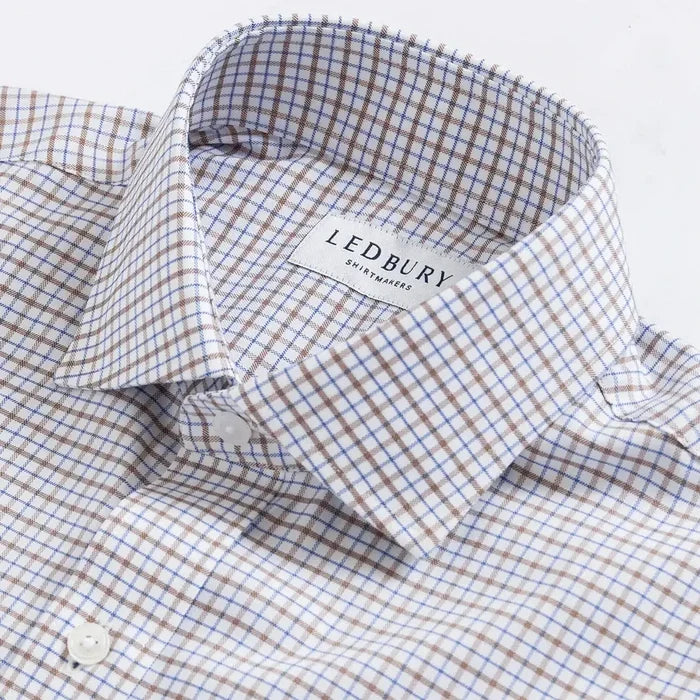 Custom dress shirt collar detail - Journey Flex brown grid check performance fabric construction