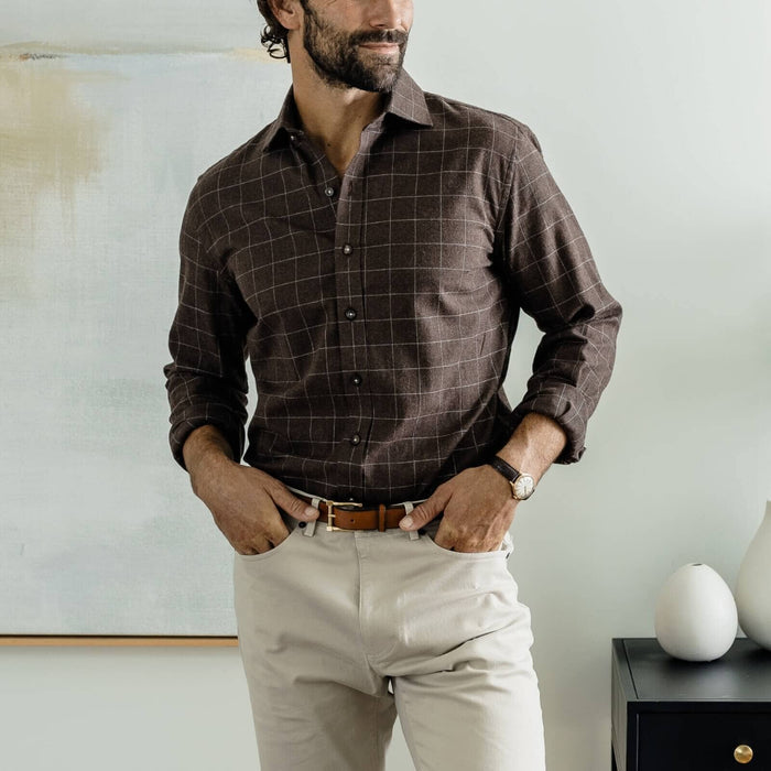 Man wearing brown windowpane casual shirt - brushed twill flannel