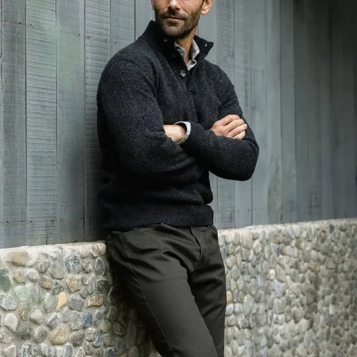 Dark Grey Brewer Mock Neck Sweater worn in lifestyle setting, layered over a dress shirt