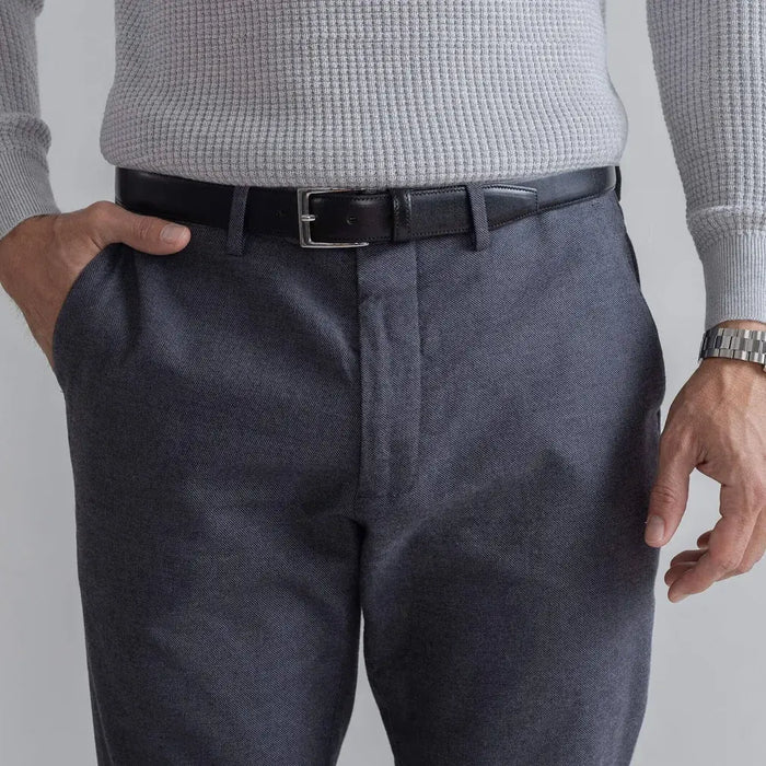 Ledbury Dark Grey Brushed Cotton Richmond Dress Chino Custom Pant — close-up of pocket and extended button closure