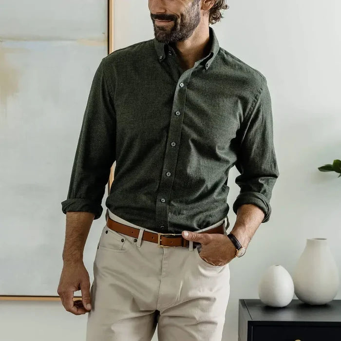 Man wearing green houndstooth casual shirt - brushed twill flannel