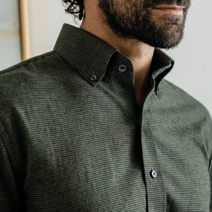 Green houndstooth shirt styled for business casual - brushed twill