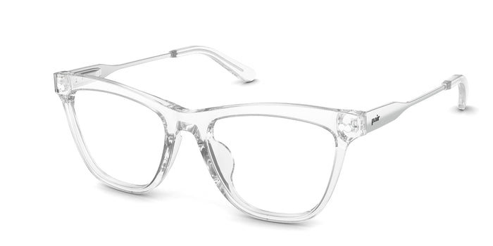 The Harper cat eye eyeglasses in crystal clear acetate and silver metal by Pair Eyewear