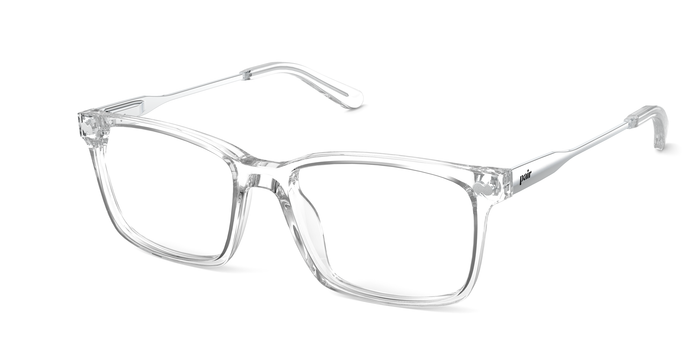 The Kirby rectangle eyeglasses in crystal clear acetate and silver metal by Pair Eyewear