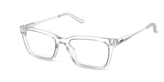 The Larkin rectangle eyeglasses in crystal clear acetate and silver metal by Pair Eyewear