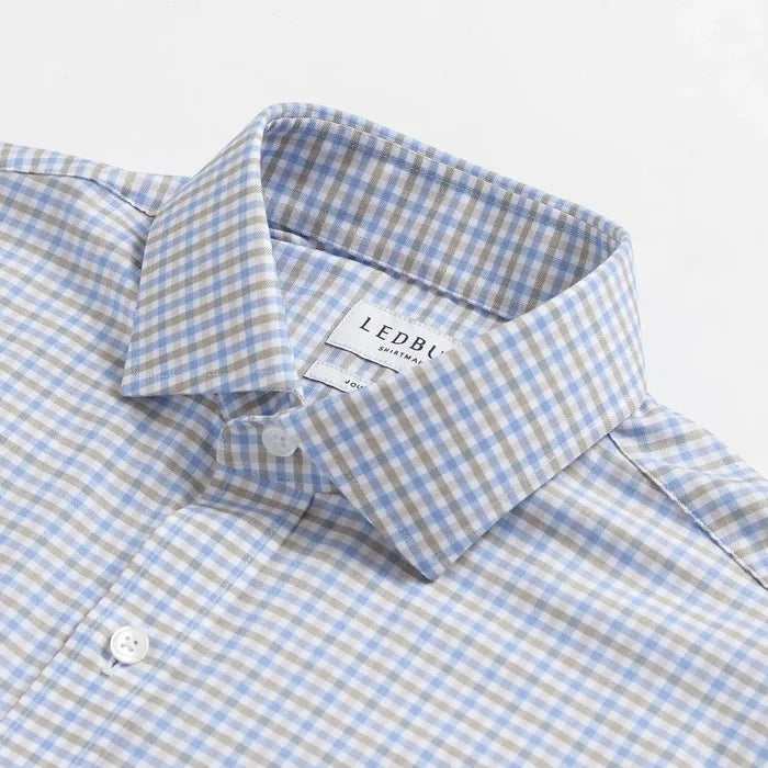 Custom dress shirt collar detail - Journey Flex light blue tattersall performance fabric construction