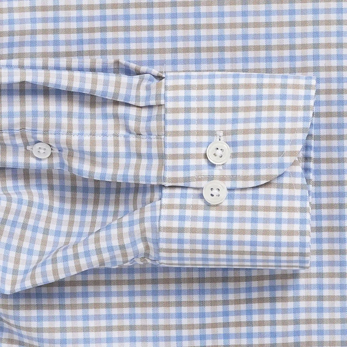 Light blue tattersall performance dress shirt cuff and sleeve - Journey Flex stretch fabric tailoring