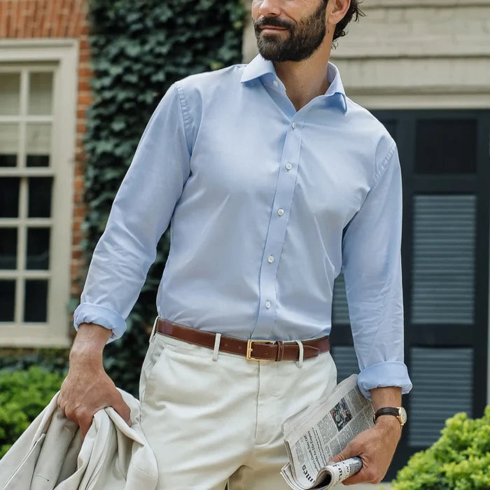 Man wearing light blue dress shirt - Signature fine twill business shirt