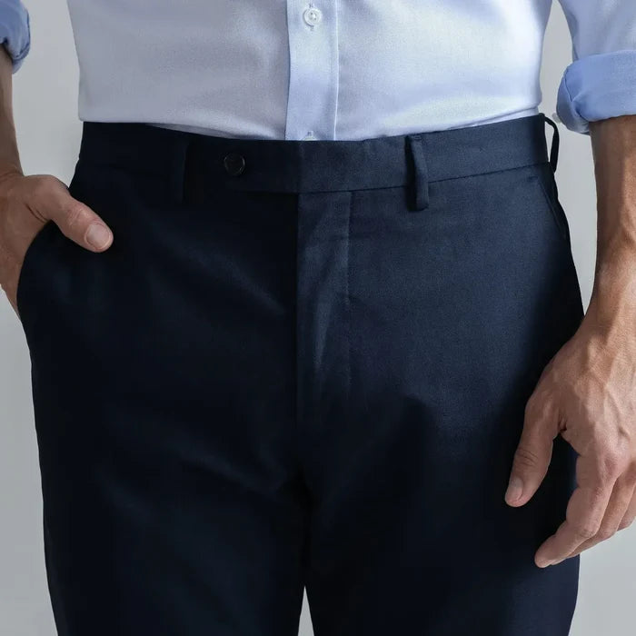 Ledbury Navy All Season Richmond Dress Chino Custom Pant — detail view showing extended front button closure detail