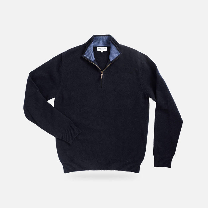 Men's Navy Ashton merino cashmere quarter-zip sweater — front view