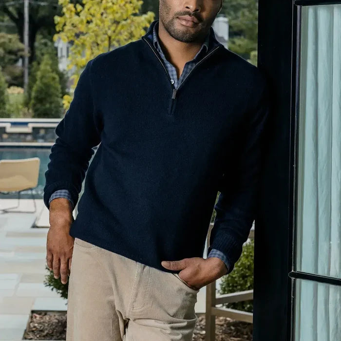 Men's Navy Ashton quarter-zip sweater styled over a button-down — lifestyle shot