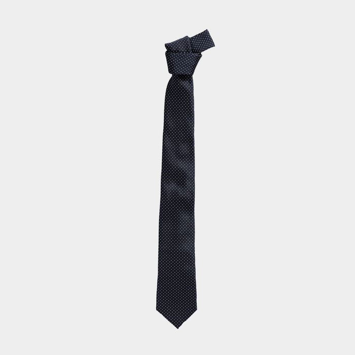 Full length view of the Navy Basso silk tie — modern width by Ledbury