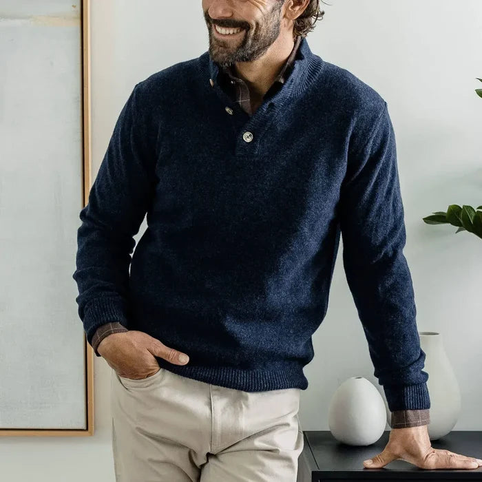 Navy Heather Brewer Mock Neck Sweater worn in lifestyle setting, layered over a dress shirt