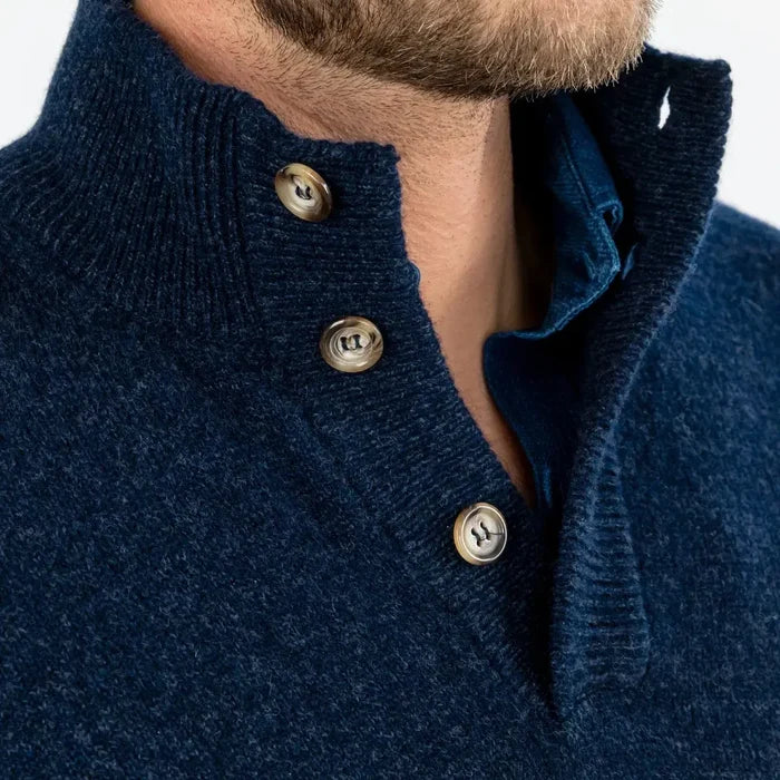 Three-button ribbed mock collar detail on the Navy Heather Brewer Mock Neck Sweater