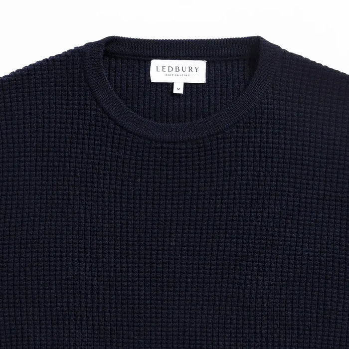 Navy Walden Thermal Crew Sweater – Merino Wool Fabric Close-Up | Ledbury