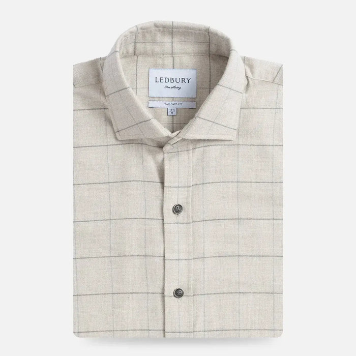 Man wearing Oatmeal Gossett Flannel custom shirt - Portuguese herringbone lifestyle photo