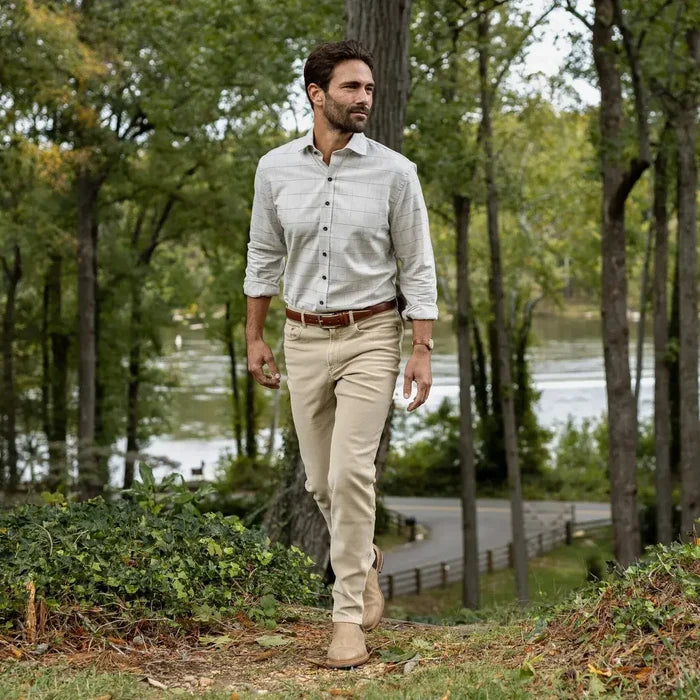 Oatmeal Gossett Flannel shirt with cream and grey windowpane - casual lifestyle photo