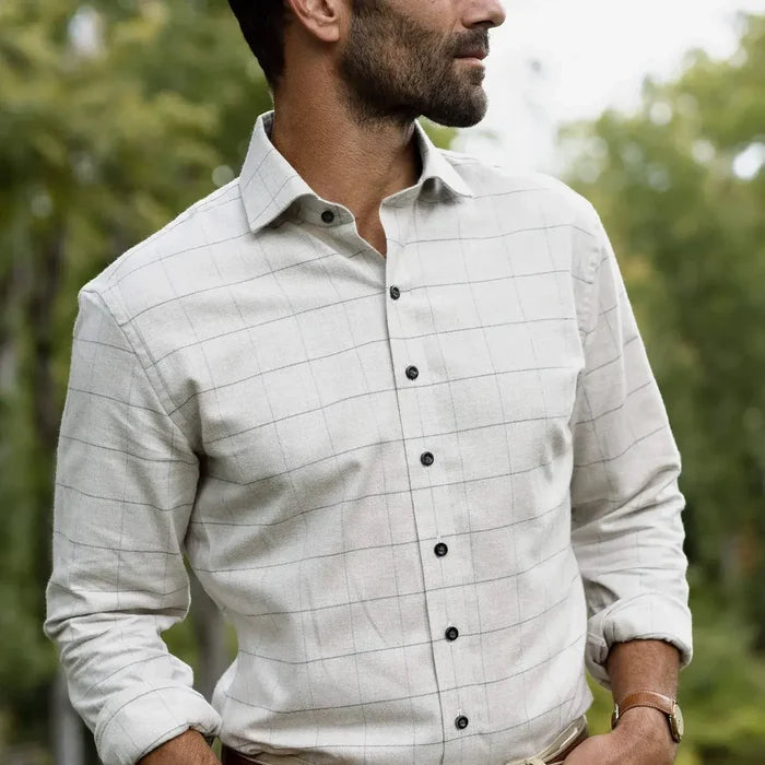 Gossett Flannel shirt collar detail - Portuguese herringbone weave close-up
