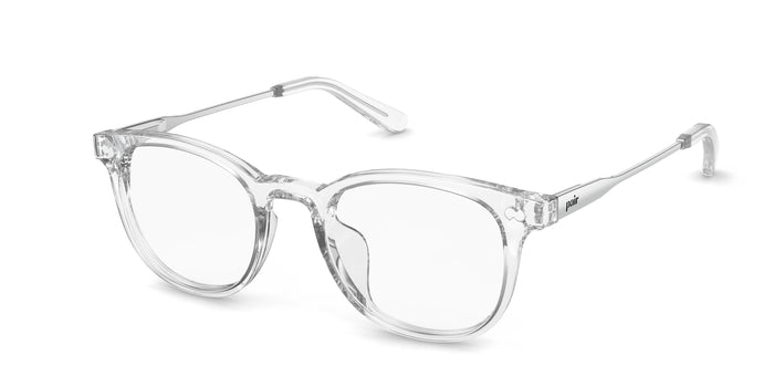 The Reese round eyeglasses in crystal clear acetate and silver metal by Pair Eyewear